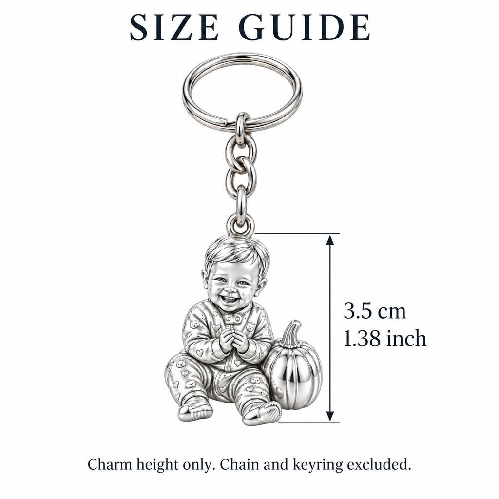 Little Pumpkin First Smiles Charm Keychain – size guide, 3.5 cm (1.38 in) charm, chain and keyring excluded