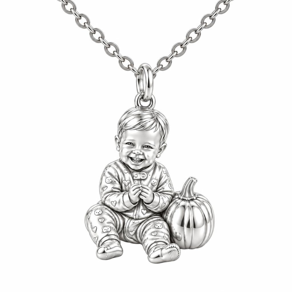 Little Pumpkin First Smiles Charm Necklace Set – silver, front view