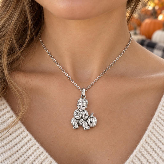 Little Pumpkin First Smiles Charm Necklace Set – worn / in use