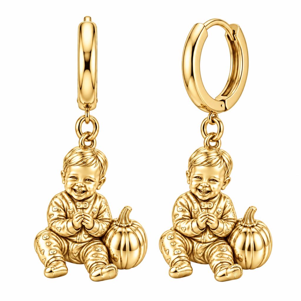 Little Pumpkin First Smiles Huggie Charm Earrings – 18K gold, front view