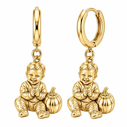 Little Pumpkin First Smiles Huggie Charm Earrings – 18K gold, front view