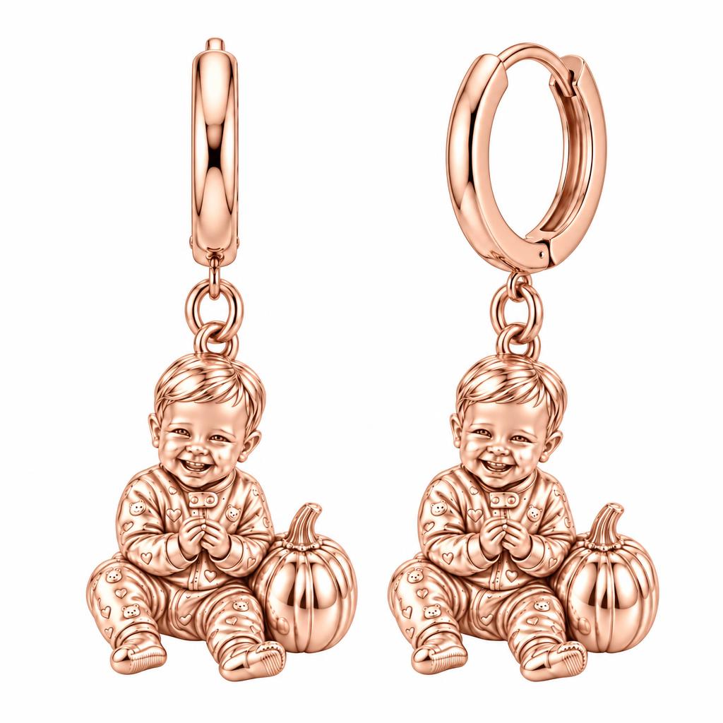 Little Pumpkin First Smiles Huggie Charm Earrings – rose gold, front view