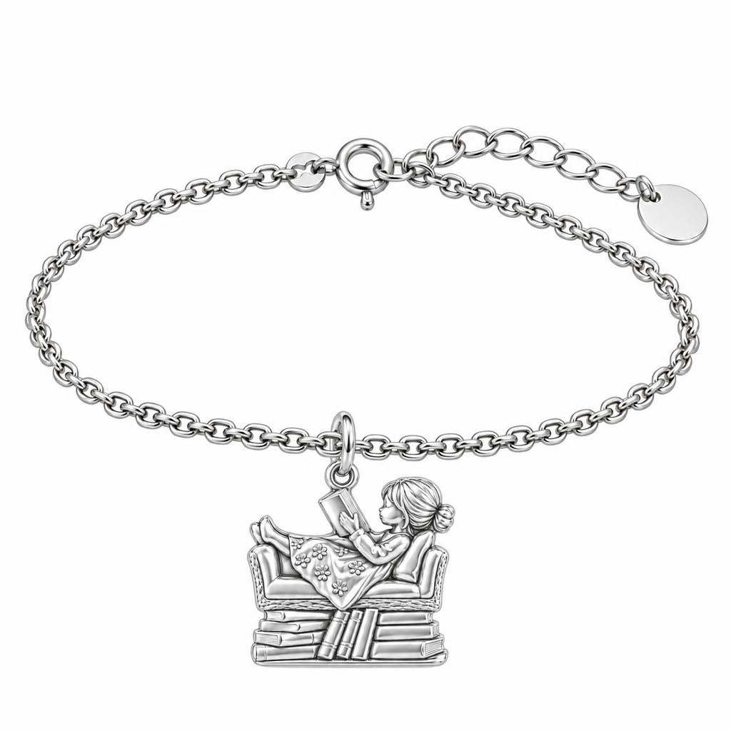 Little Reader on Book Stack Charm Bracelet Set – silver, front view