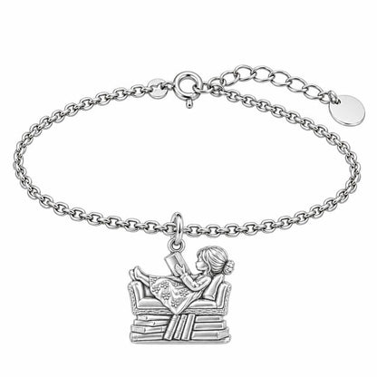 Little Reader on Book Stack Charm Bracelet Set – silver, front view