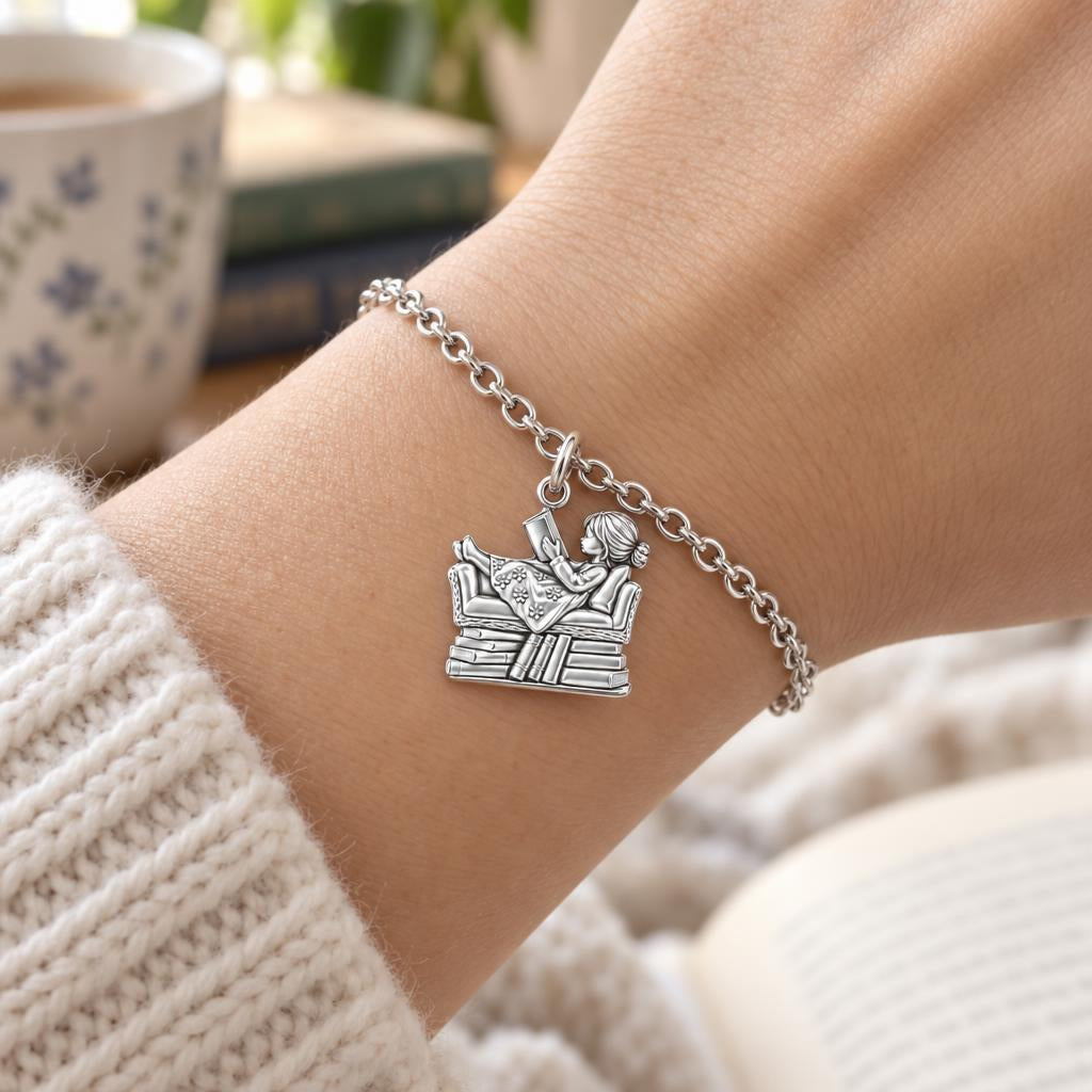 Little Reader on Book Stack Charm Bracelet Set – worn / in use