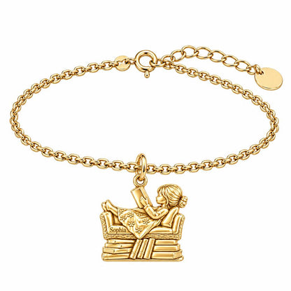 Little Reader on Book Stack Charm Bracelet Set – 18K gold, front view