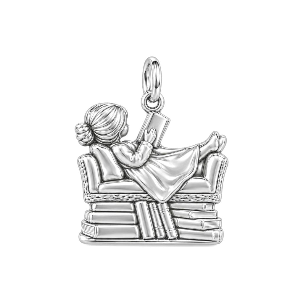 Little Reader on Book Stack Charm Keychain – back of the charm, engraving area
