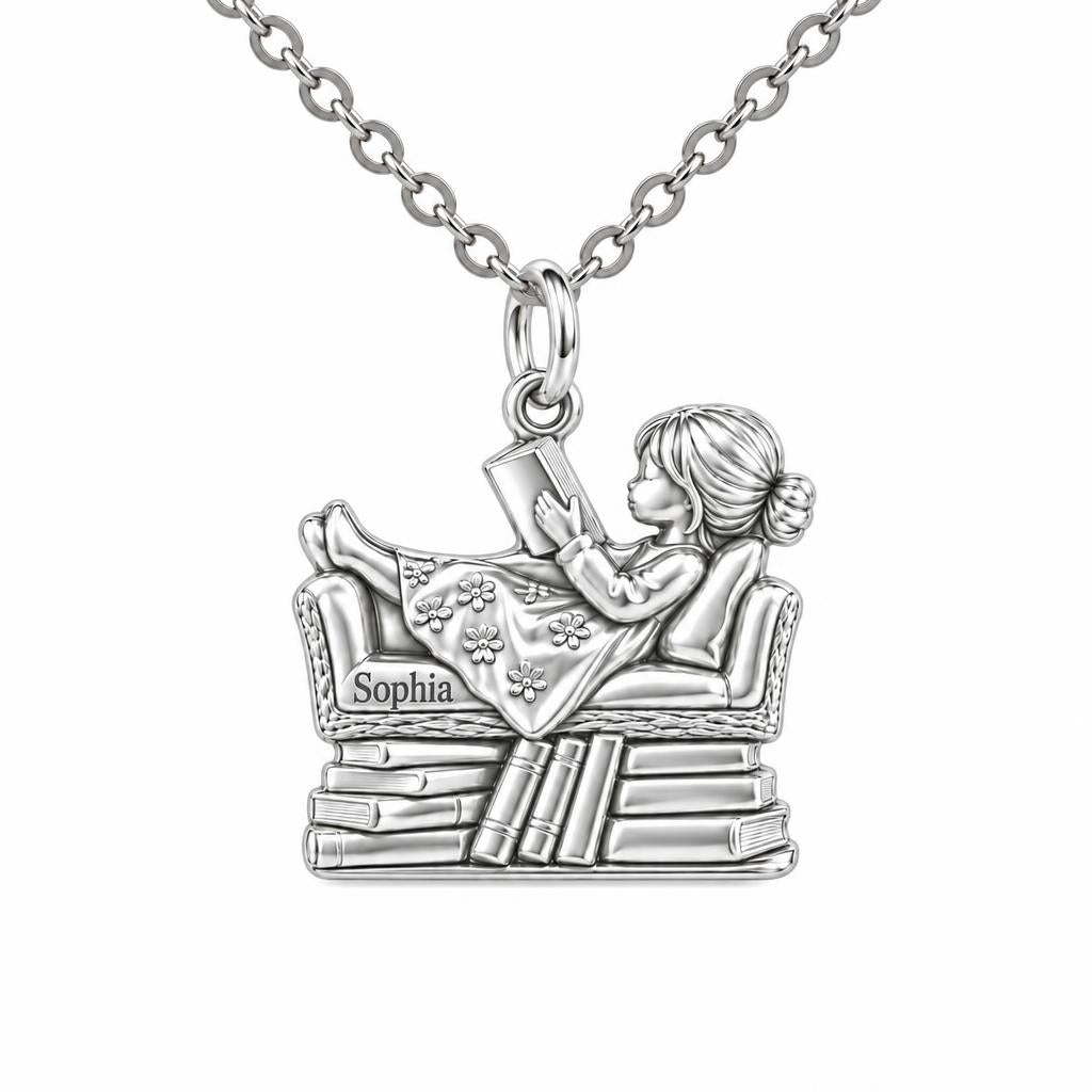 Little Reader on Book Stack Charm Necklace Set – silver, front view