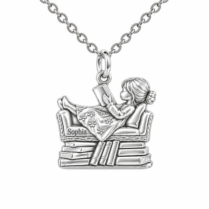 Little Reader on Book Stack Charm Necklace Set – silver, front view