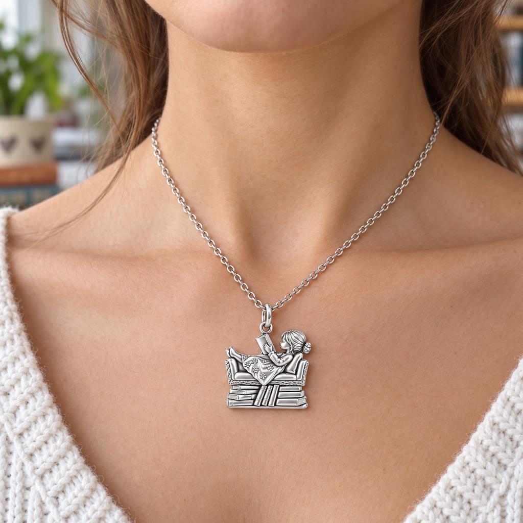 Little Reader on Book Stack Charm Necklace Set – worn / in use