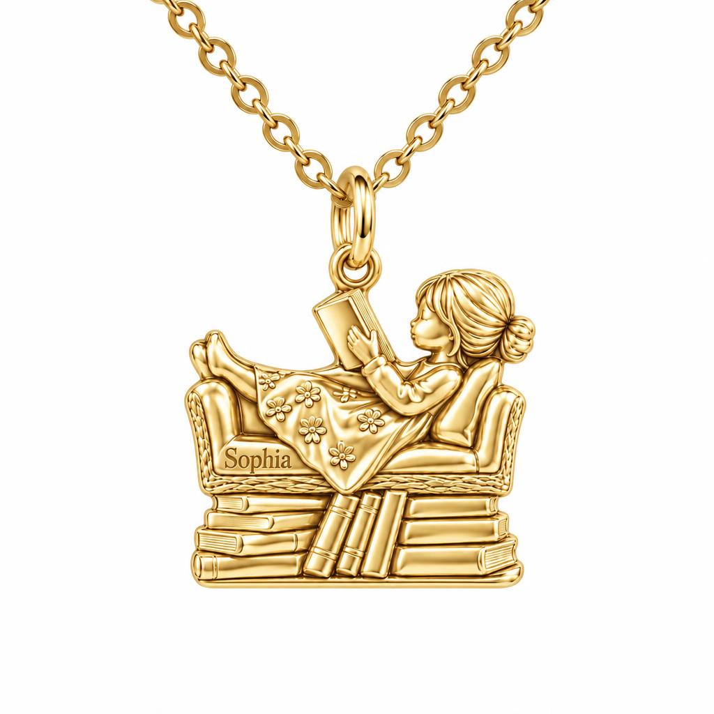 Little Reader on Book Stack Charm Necklace Set – 18K gold, front view
