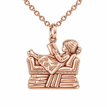 Little Reader on Book Stack Charm Necklace Set – rose gold, front view