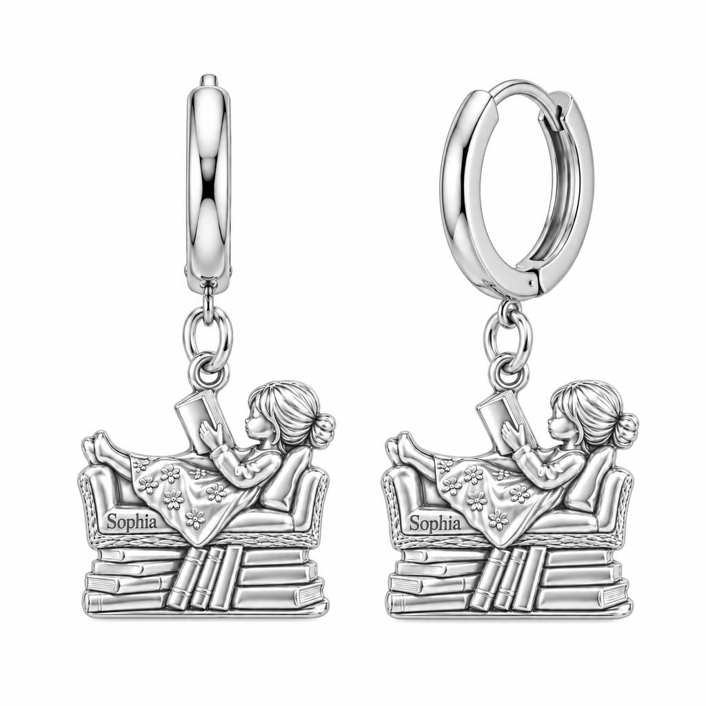 Little Reader on Book Stack Huggie Charm Earrings – silver, front view