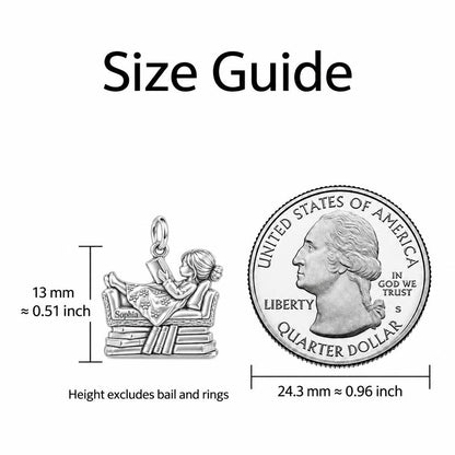 Little Reader on Book Stack Huggie Charm Earrings – size guide, 13 mm charm next to a quarter