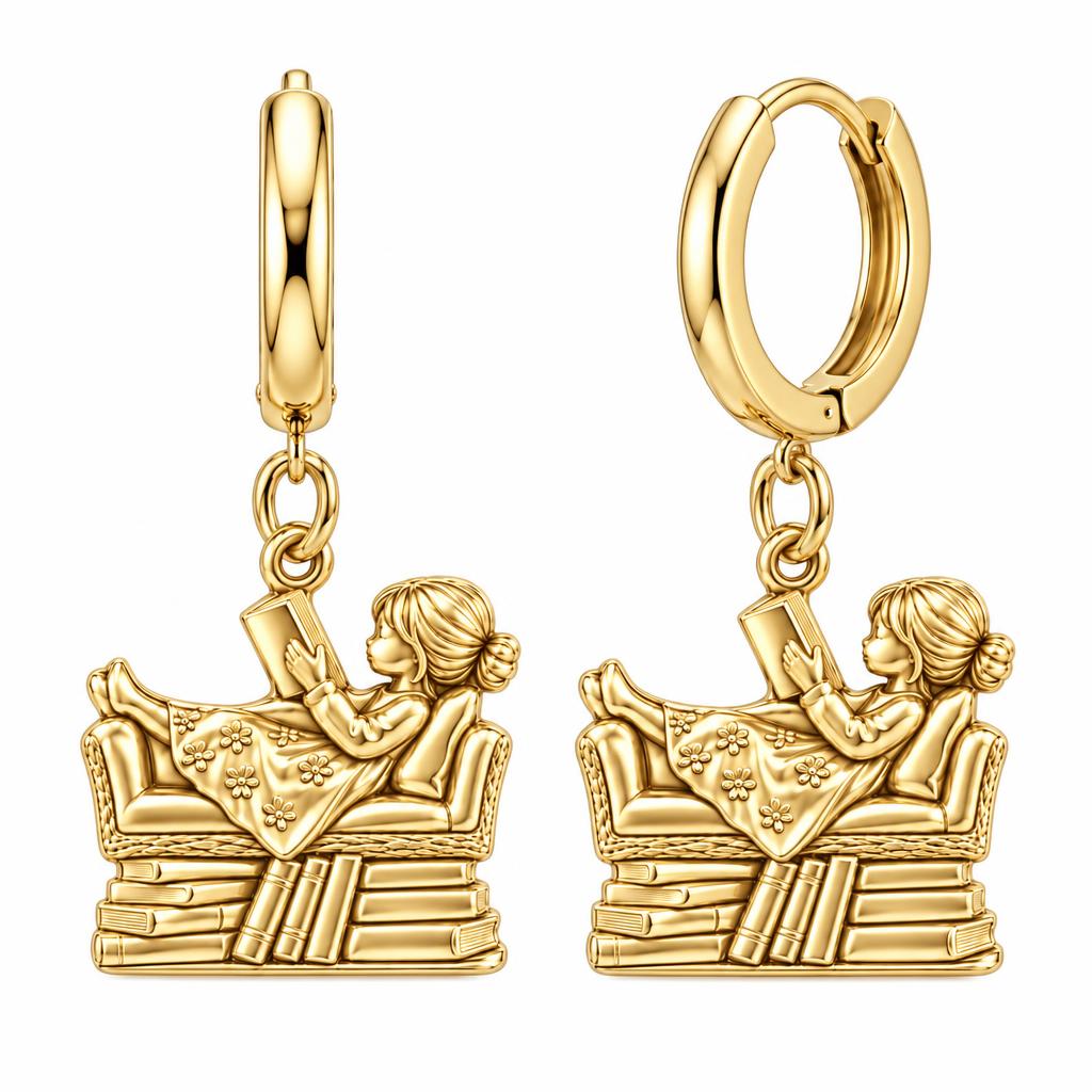 Little Reader on Book Stack Huggie Charm Earrings – 18K gold, front view