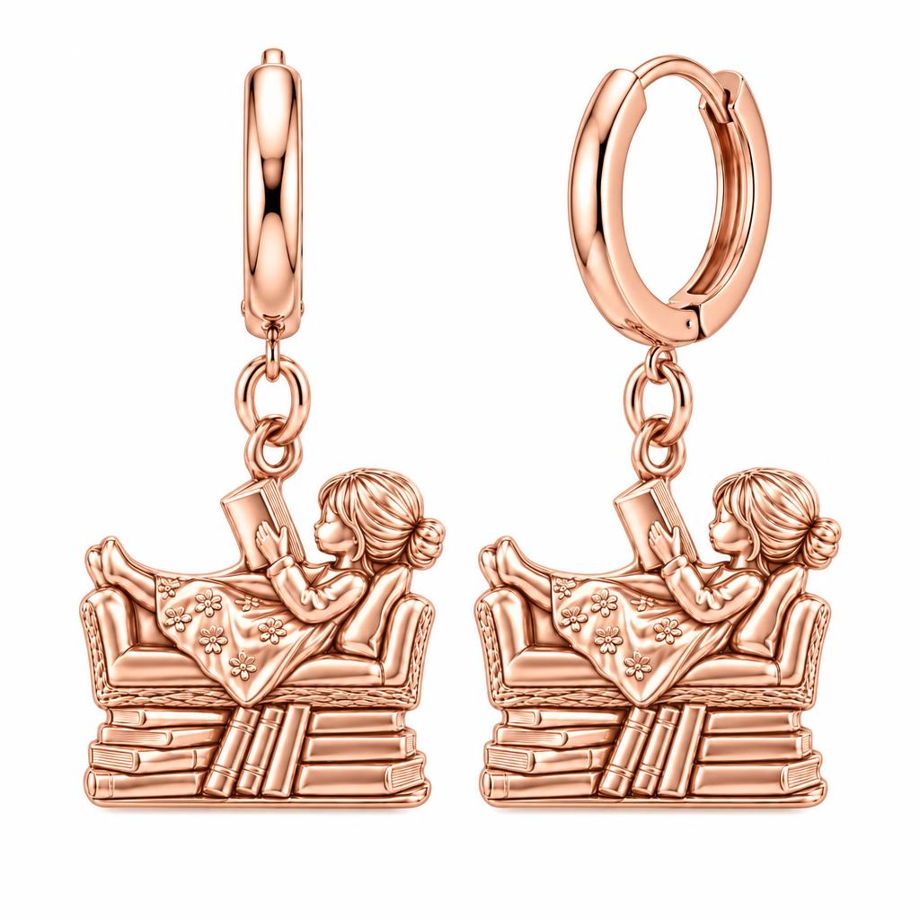 Little Reader on Book Stack Huggie Charm Earrings – rose gold, front view
