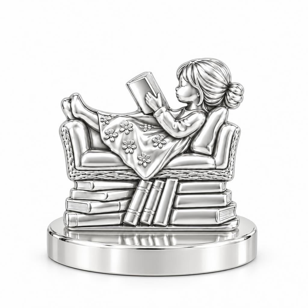 Little Reader on Book Stack Keepsake Plaque – silver, front view