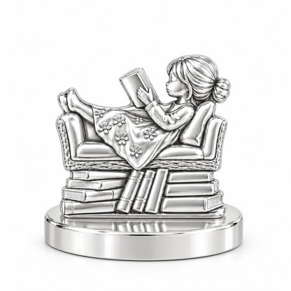 Little Reader on Book Stack Keepsake Plaque – silver, front view