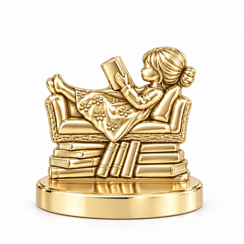 Little Reader on Book Stack Keepsake Plaque – 18K gold, front view