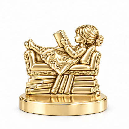 Little Reader on Book Stack Keepsake Plaque – 18K gold, front view