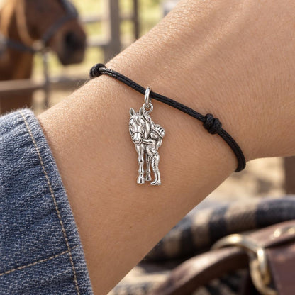 Little Rider Hug Charm Bracelet – Personalized Horse Mom Gift – worn on the wrist on a black cord bracelet