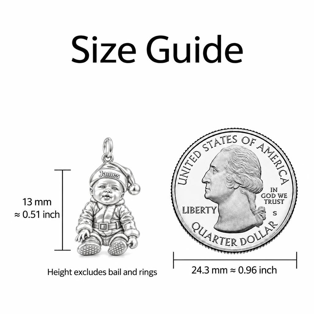 Little Santa Baby Charm Bracelet – Personalized Dog Mom Gift – size guide, 13 mm charm next to a quarter