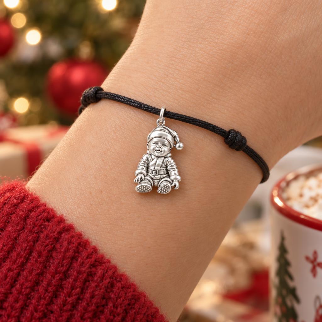 Little Santa Baby Charm Bracelet – Personalized Dog Mom Gift – worn on the wrist on a black cord bracelet
