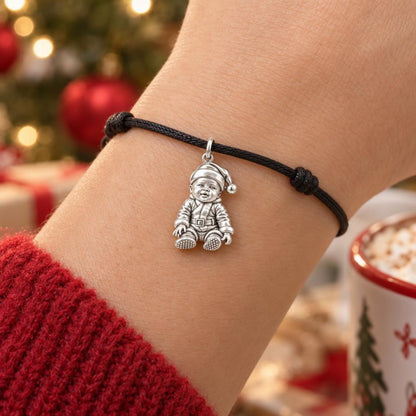 Little Santa Baby Charm Bracelet – Personalized Dog Mom Gift – worn on the wrist on a black cord bracelet