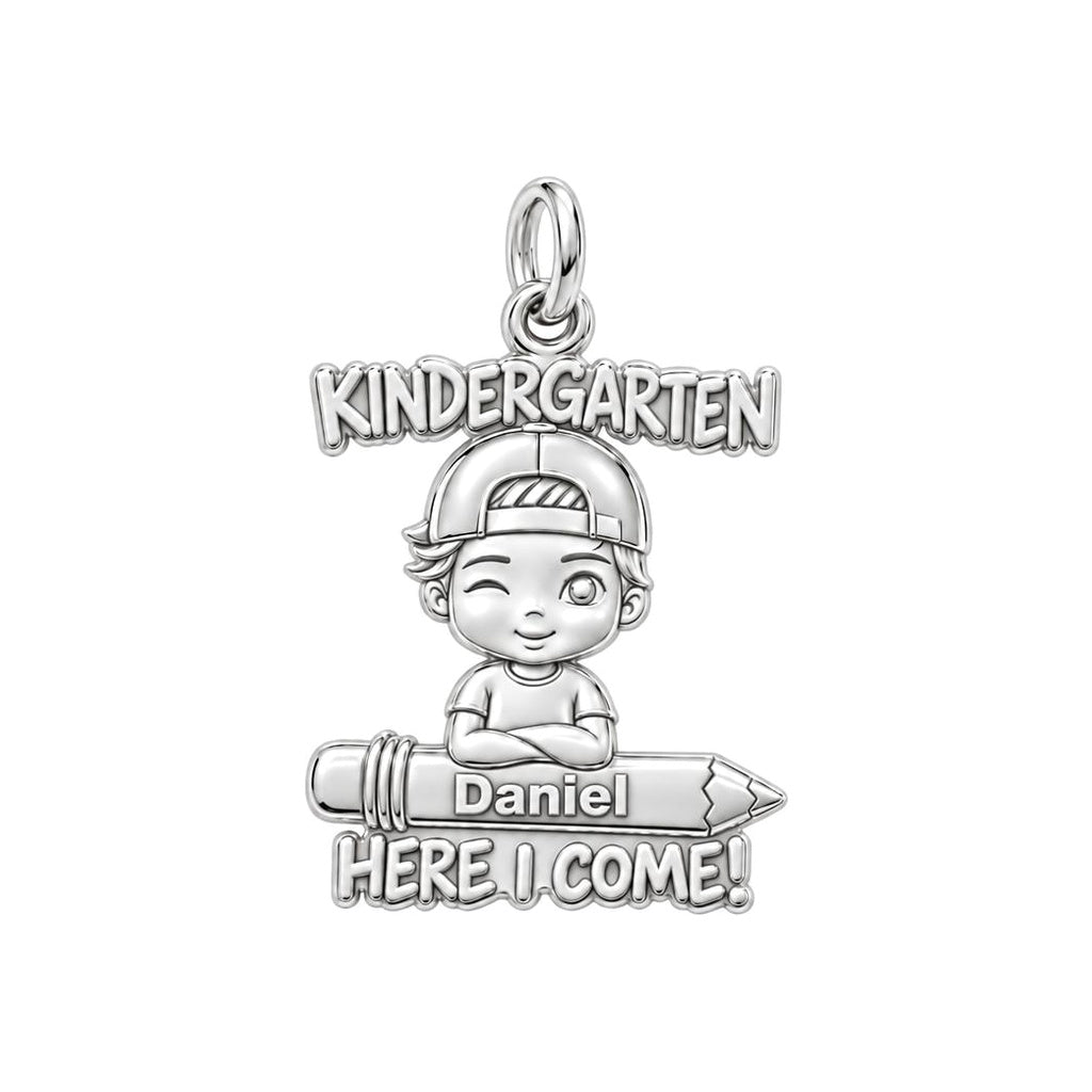 Little Scholar First Day Charm Bracelet – Personalized Mom Gift – silver plated 3 cm charm, front view