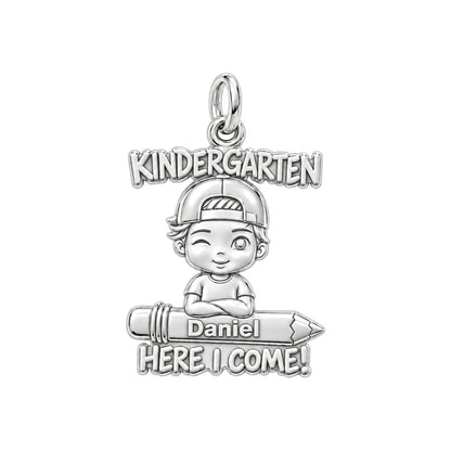 Little Scholar First Day Charm Bracelet – Personalized Mom Gift – silver plated 3 cm charm, front view