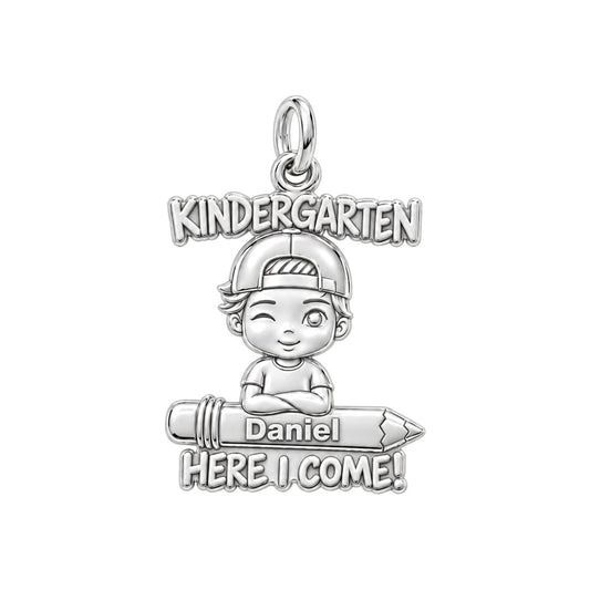 Little Scholar First Day Charm Bracelet – Personalized Mom Gift – silver plated 3 cm charm, front view