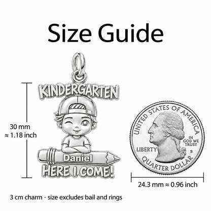 Little Scholar First Day Charm Bracelet – Personalized Mom Gift – size guide, 3 cm charm next to a quarter