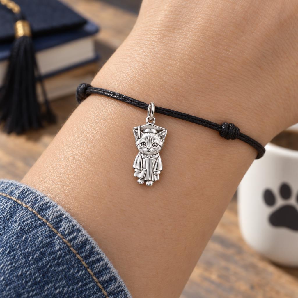 Little Scholar Pet Charm Bracelet – Personalized Grad Gift – worn on the wrist on a black cord bracelet