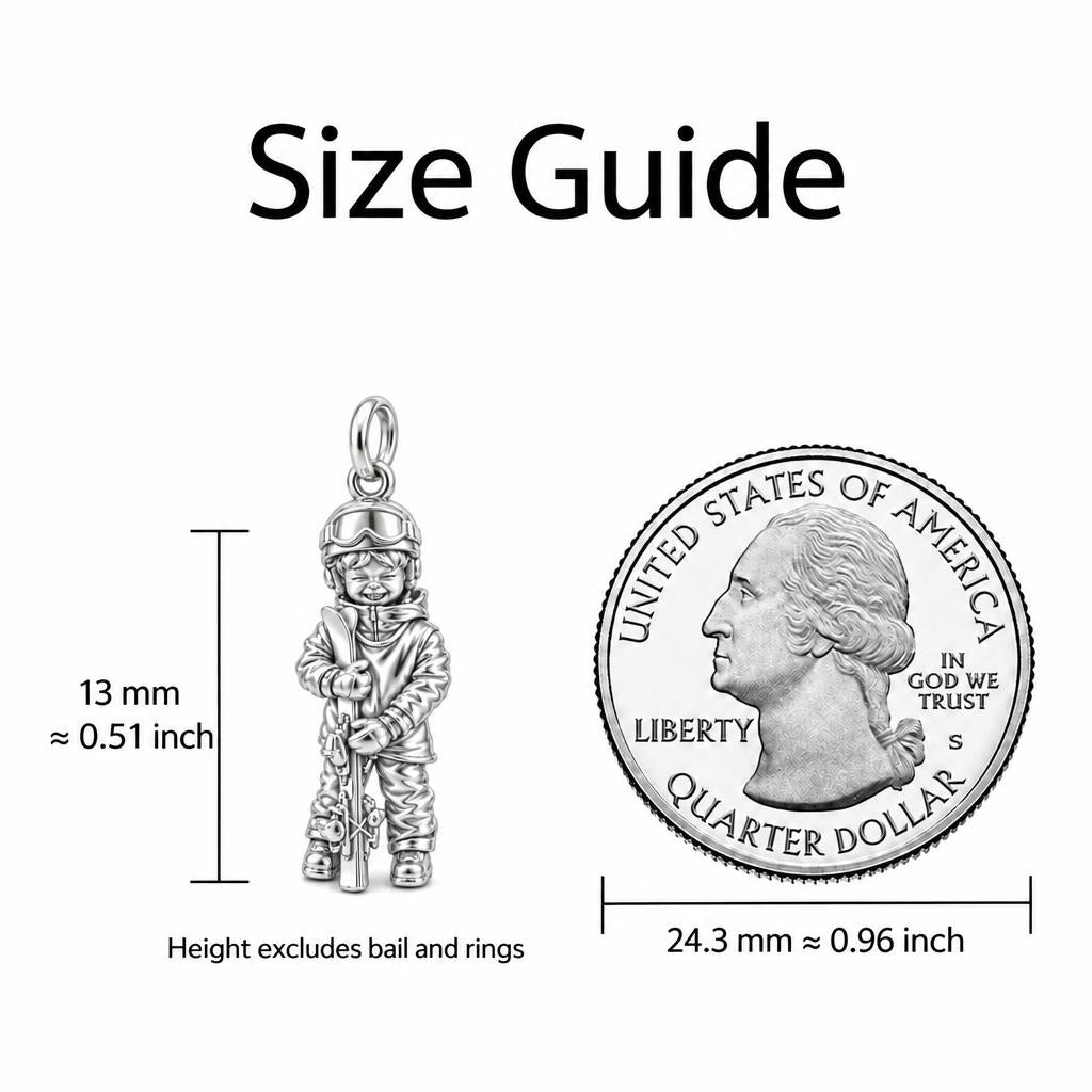 Little Skier's Joy Charm Bracelet – Personalized Mom Gift – size guide, 13 mm charm next to a quarter