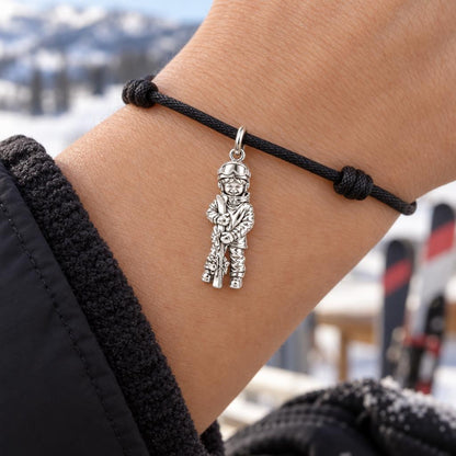 Little Skier's Joy Charm Bracelet – Personalized Mom Gift – worn on the wrist on a black cord bracelet
