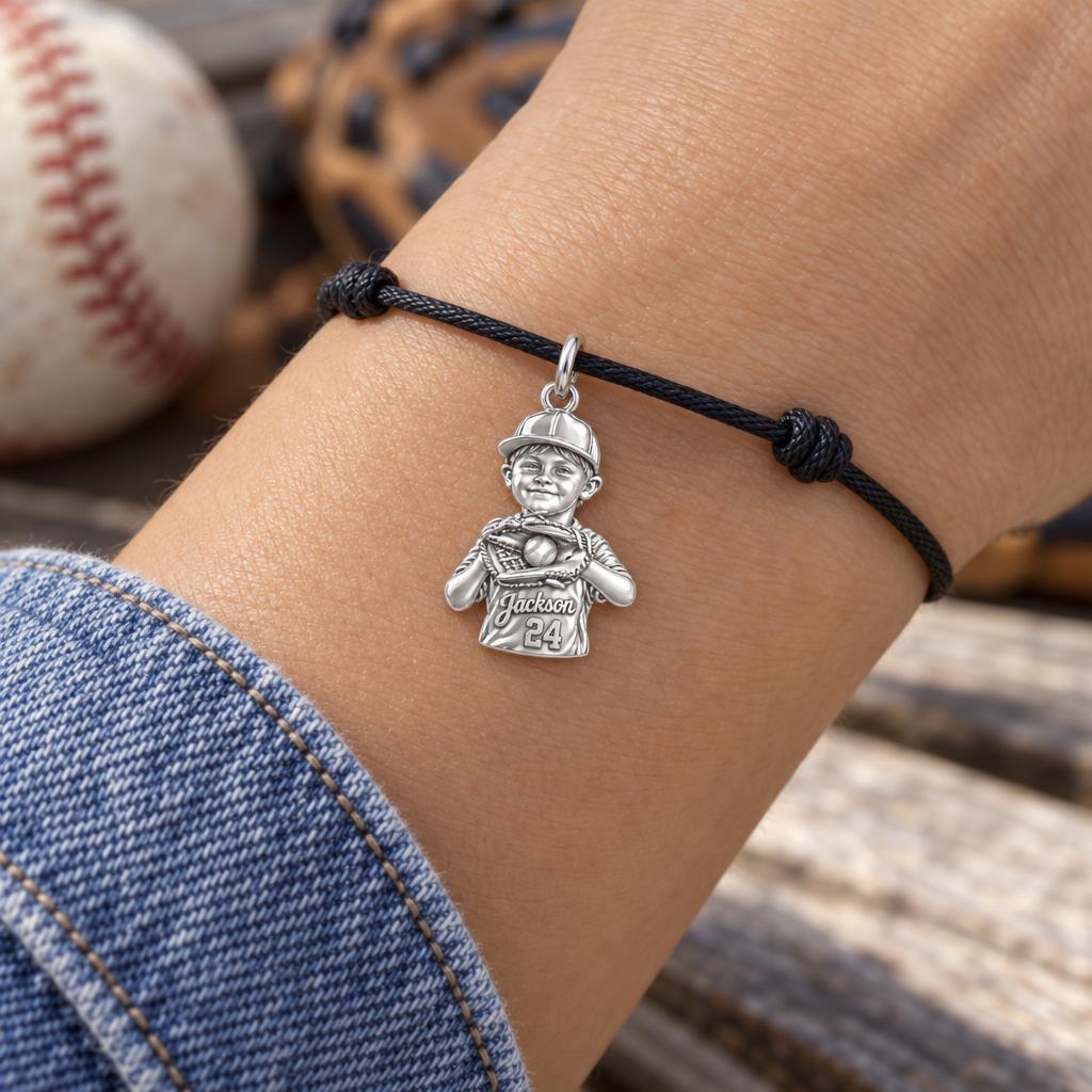 Little Slugger Baseball Charm Bracelet – Personalized Mom Gift – silver charm, front view