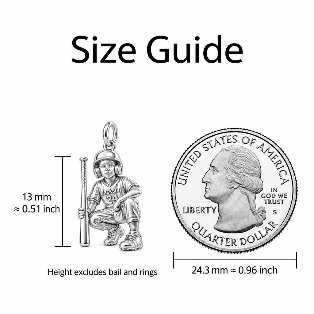 Little Slugger Baseball Charm Bracelet – Personalized Mom Gift – size guide, 13 mm charm next to a quarter