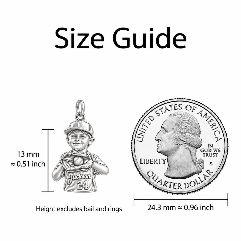 Little Slugger Baseball Charm Bracelet – Personalized Mom Gift – size guide, 13 mm charm next to a quarter