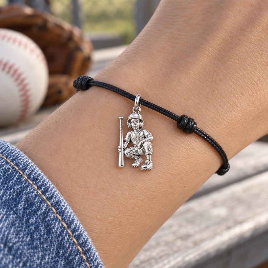 Little Slugger Baseball Charm Bracelet – Personalized Mom Gift – worn on the wrist on a black cord bracelet