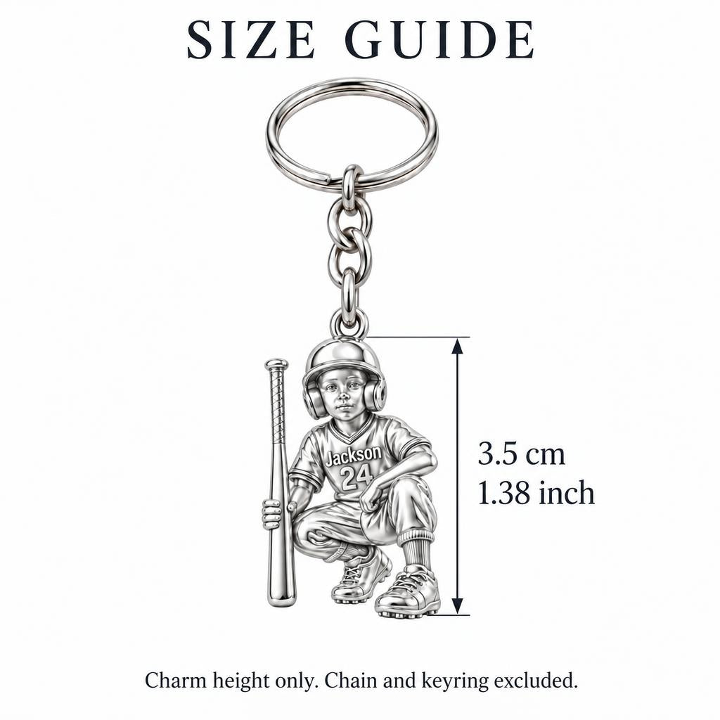 Little Slugger Baseball Charm Keychain – size guide, 3.5 cm (1.38 in) charm, chain and keyring excluded