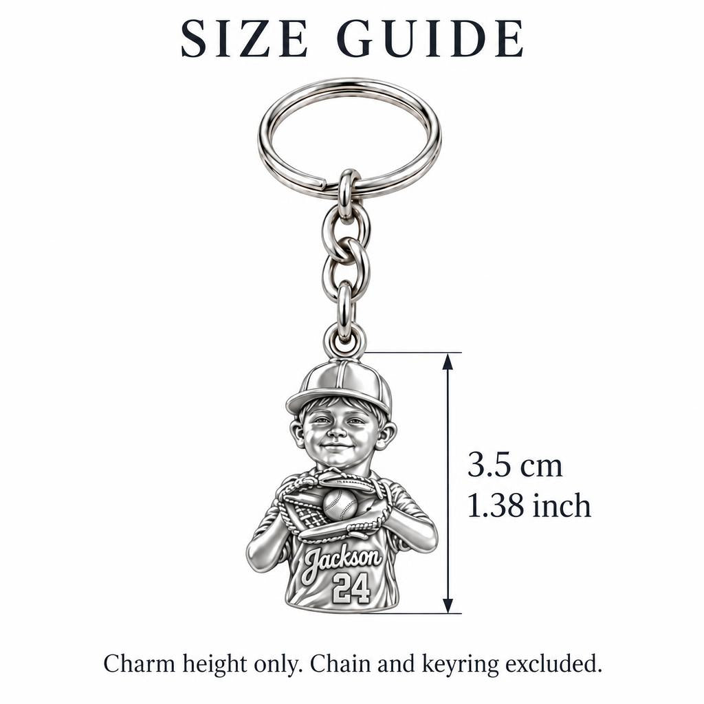 Little Slugger Baseball Charm Keychain – size guide, 3.5 cm (1.38 in) charm, chain and keyring excluded