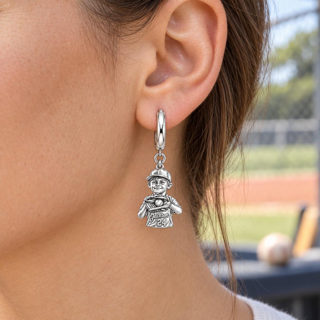 Little Slugger Baseball Huggie Charm Earrings – worn / in use