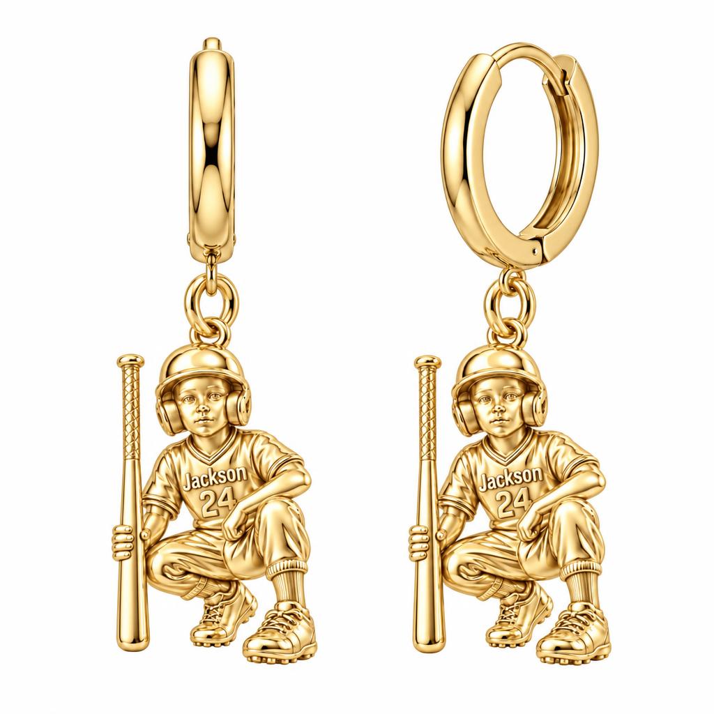 Little Slugger Baseball Huggie Charm Earrings – 18K gold, front view