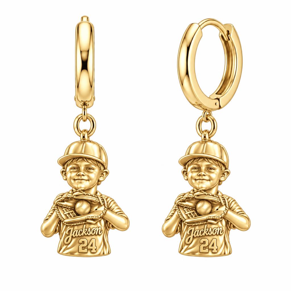 Little Slugger Baseball Huggie Charm Earrings – 18K gold, front view