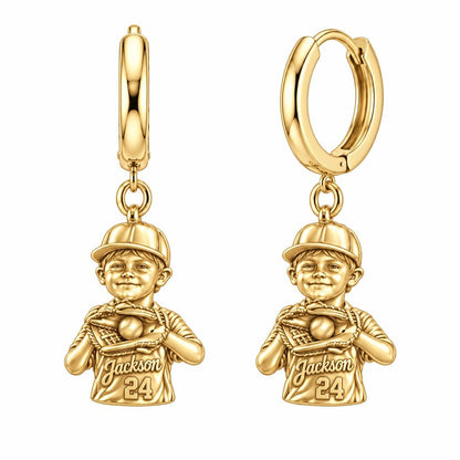 Little Slugger Baseball Huggie Charm Earrings – 18K gold, front view