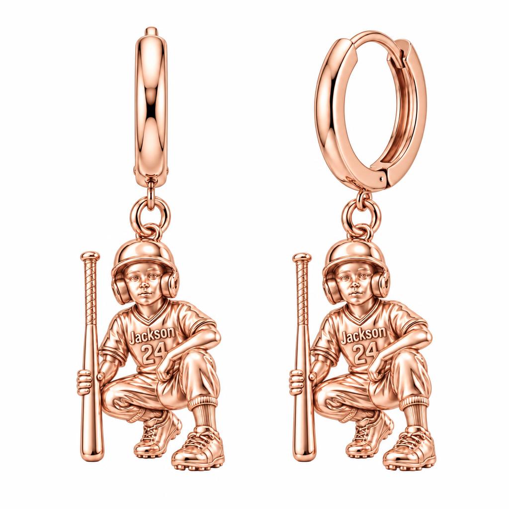 Little Slugger Baseball Huggie Charm Earrings – rose gold, front view