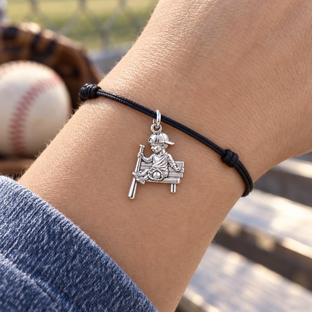 Little Slugger Charm Bracelet – Personalized Mom Gift – worn on the wrist on a black cord bracelet