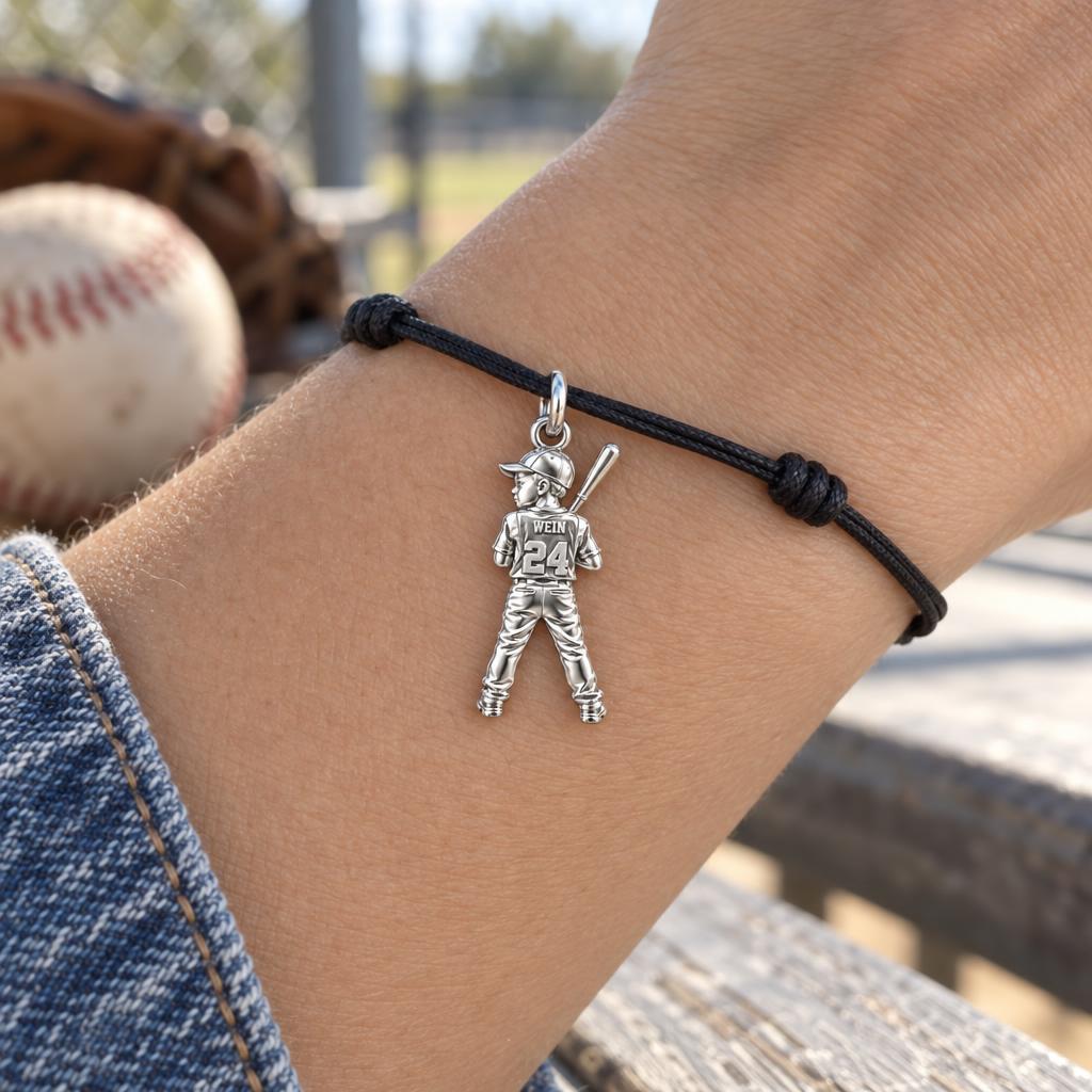 Little Slugger Charm Bracelet – Personalized Sports Mom Gift – worn on the wrist on a black cord bracelet