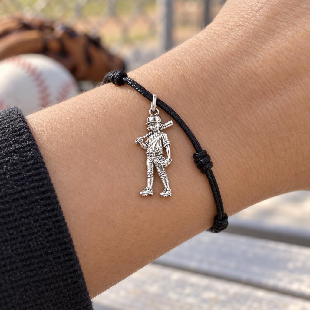 Little Slugger MVP Charm Bracelet – Personalized Sports Mom Gift – worn on the wrist on a black cord bracelet