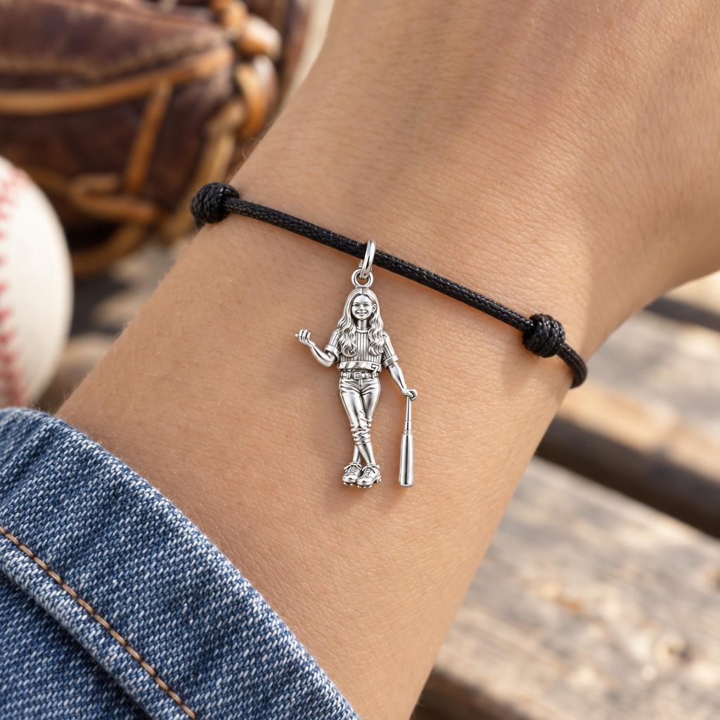 Little Slugger Star Charm Bracelet – Personalized Mom Gift – worn on the wrist on a black cord bracelet
